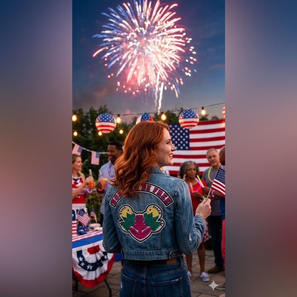 RACHEL Roy Jacket, Denim Patch Light-Wash "Born To Be Free" back patches (L) NWT